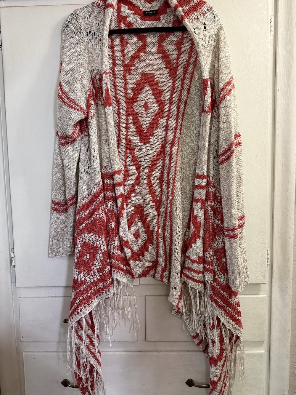 torrid Red & Cream Aztec Fringe Open Drape Cardigan